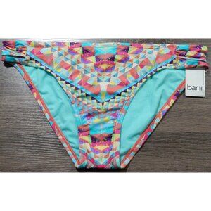 NWT - BAR III RUCHED SIDE TAB BIKINI BOTTOM - TURQUOISE/CORAL PRINT - XL